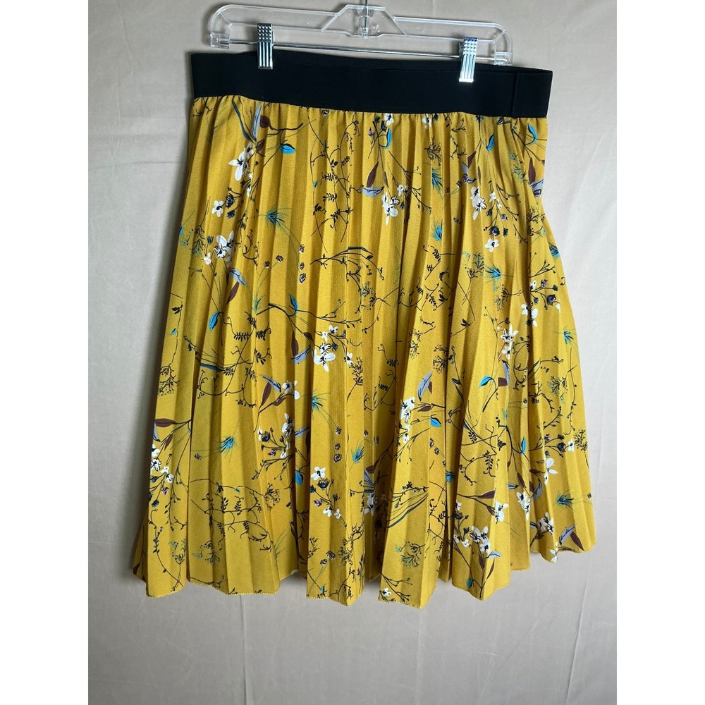 Metro Wear Pleated Skirt Womens XL Yellow Good Floral Elastic Waist Midi